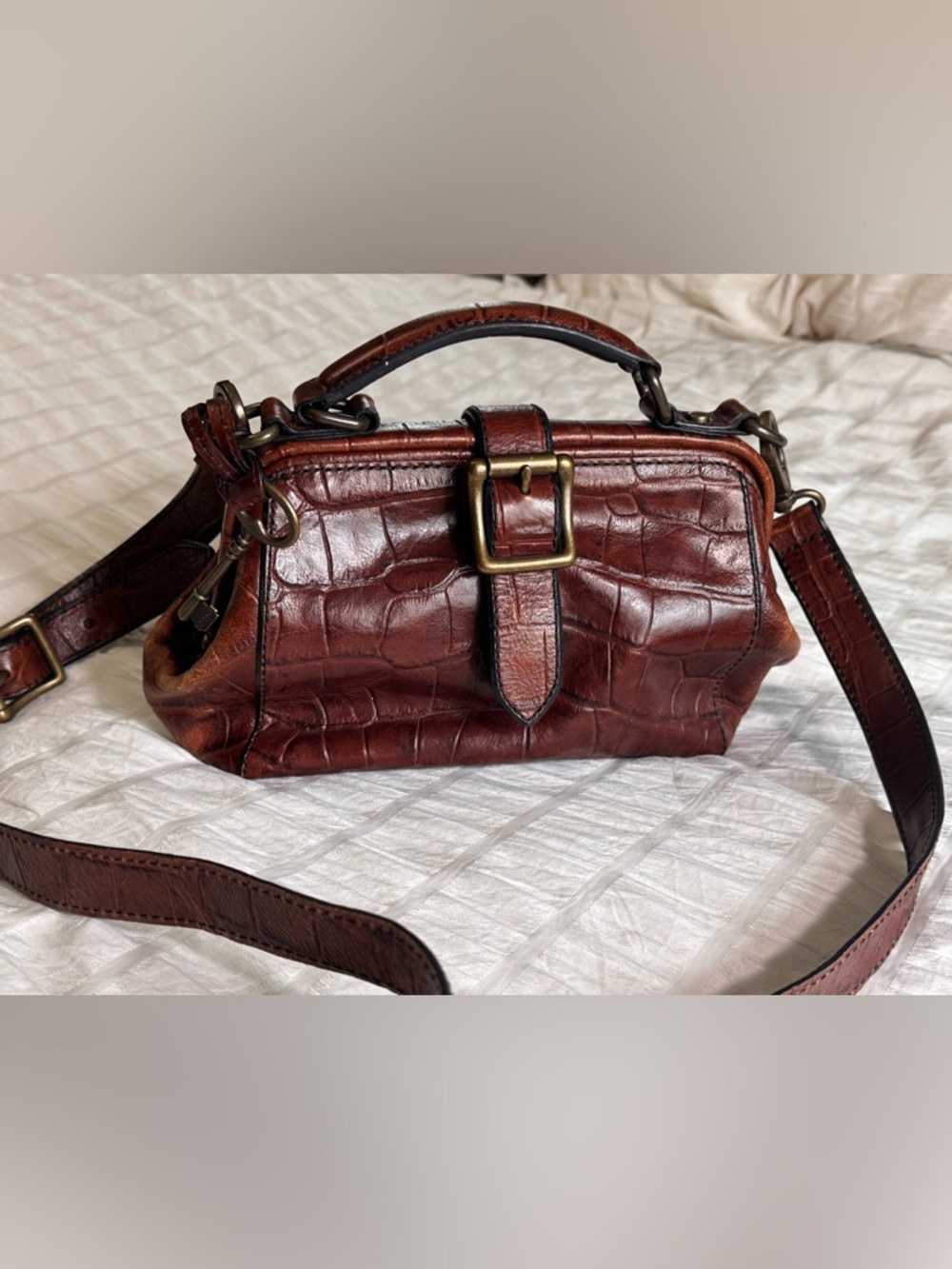 Vintage Fossil Vintage Revival Croc Embossed Leather Doctor Bag Satchel Brown